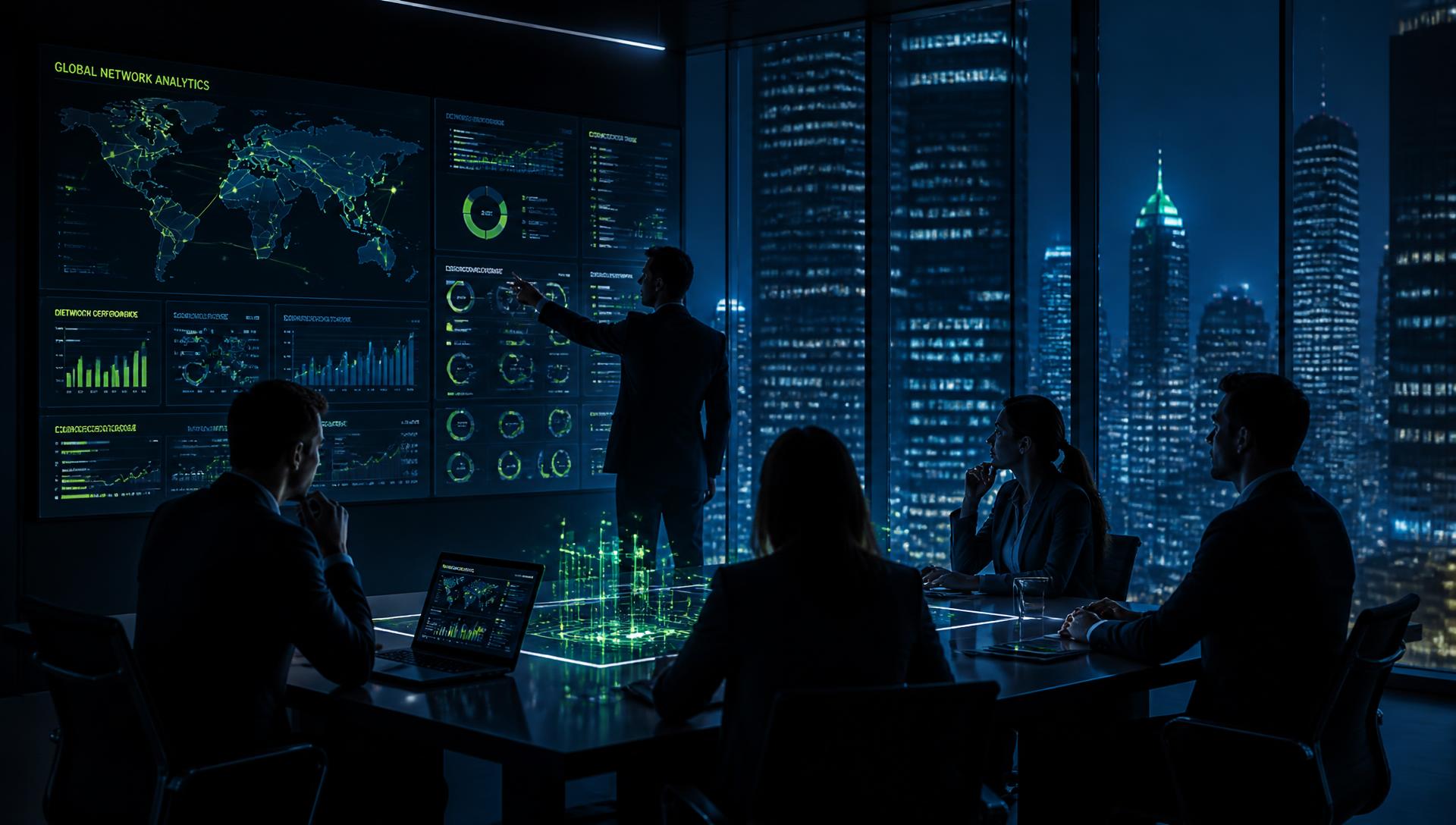Equipe executiva analisando painéis de dados e indicadores de negócio em sala de reunião à noite